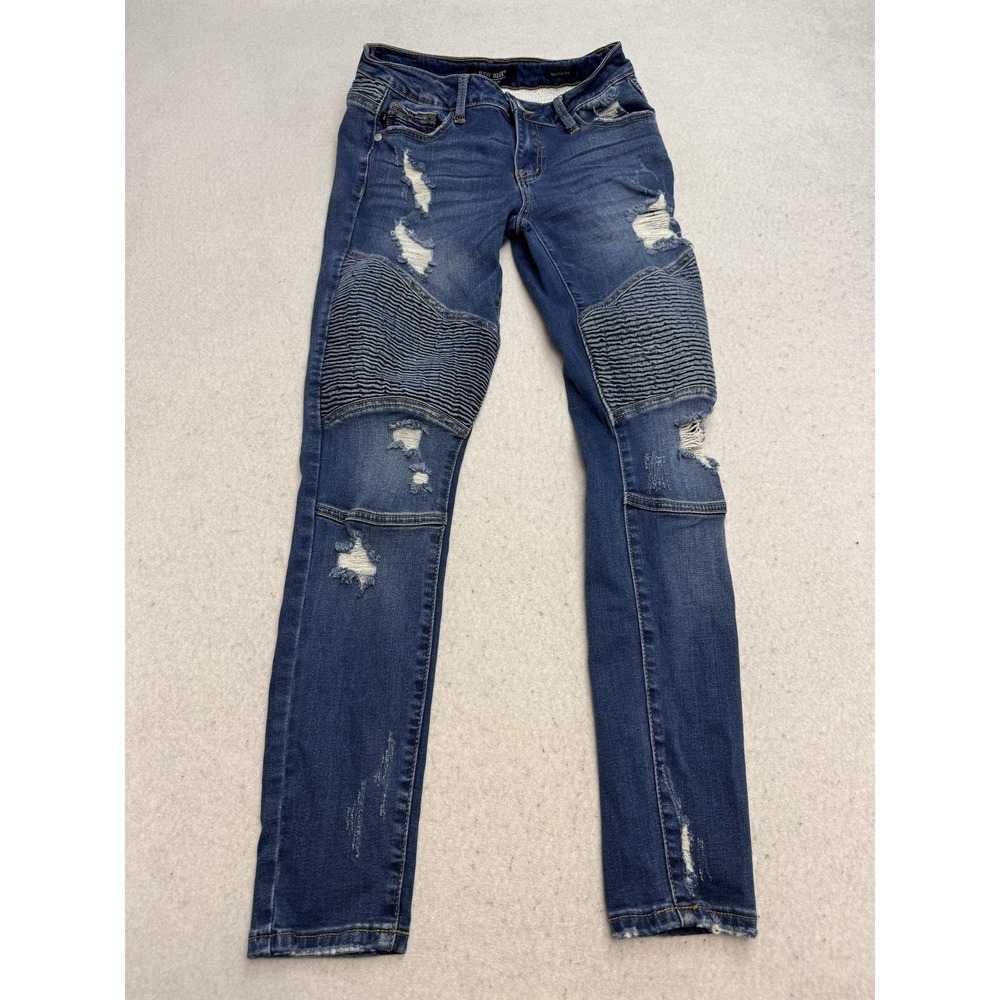 Judy Blue Jeans Womens 3/26 Blue Mid Rise Distressed Skinny Stretch‎ Denim Moto